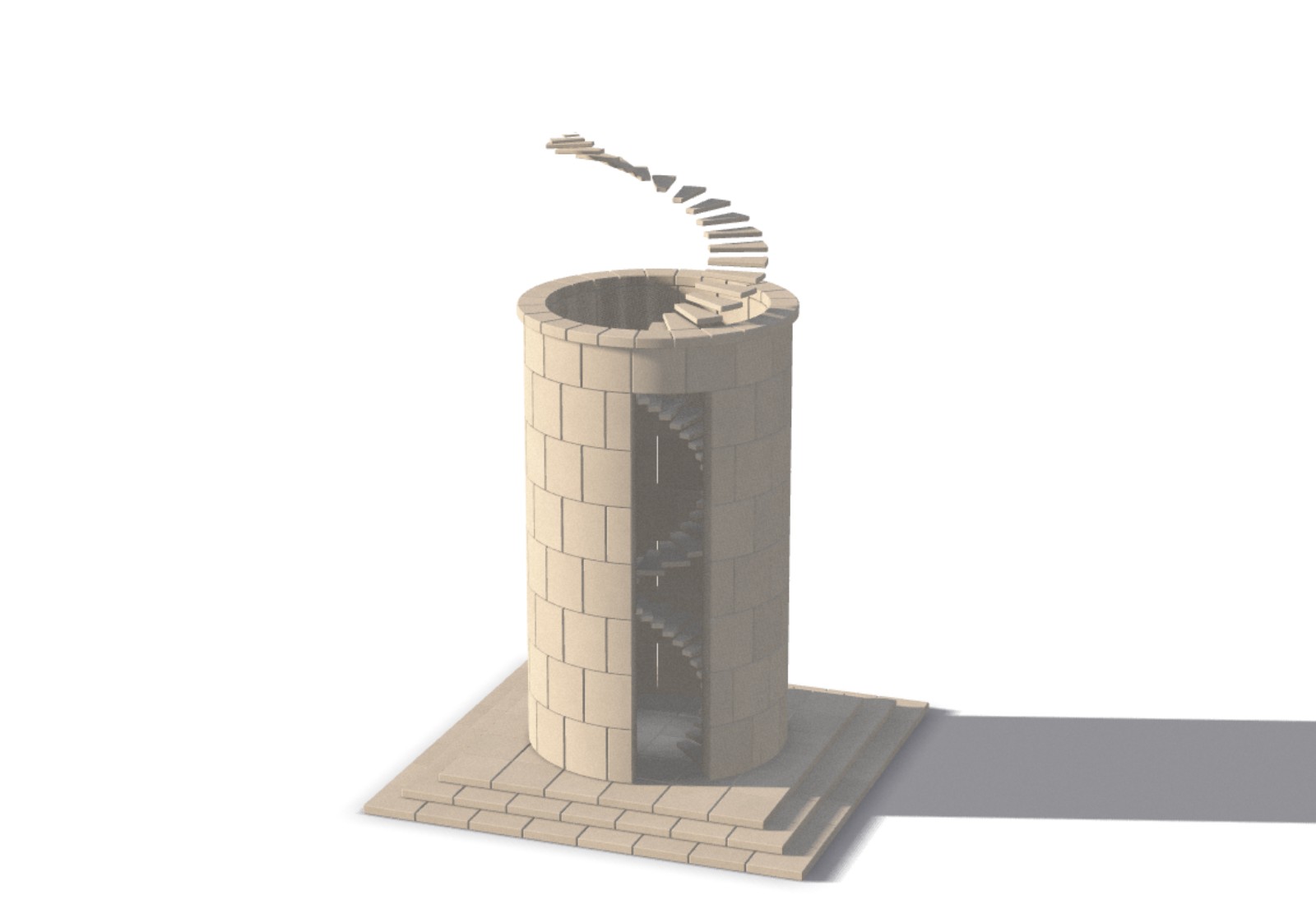 Plate I, The Stair That Outlived Its Tower: a limestone drum with a spiral stair that climbs past its rim into the air.